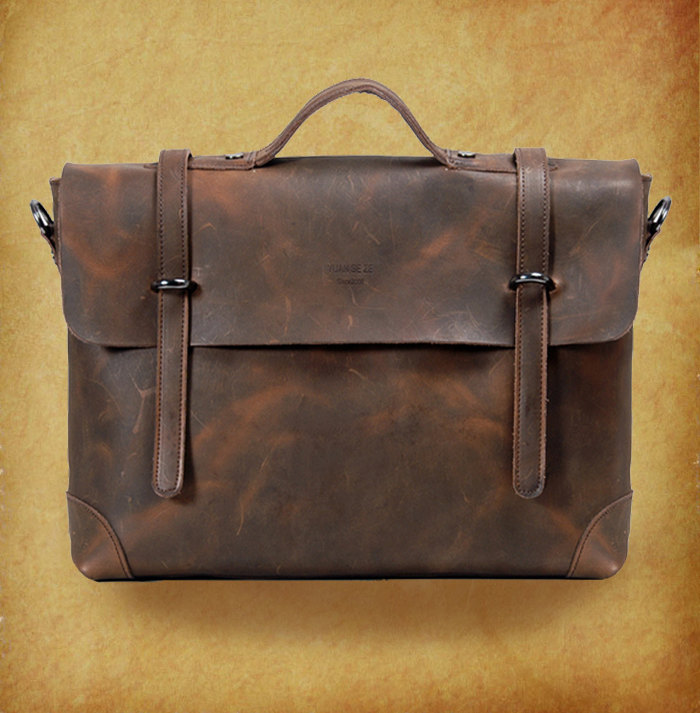 15"rugged Genuine Leather Briefcase - Messenger Bag - Leather Laptop - Men's Bag In Brown--t036