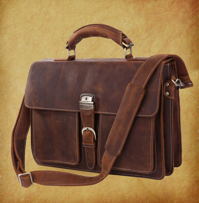 High Quality Genuine Leather Bag / Rugged Leather Briefcase / Messenger / Laptop / Men's Bag/bag Large 16" In Dark