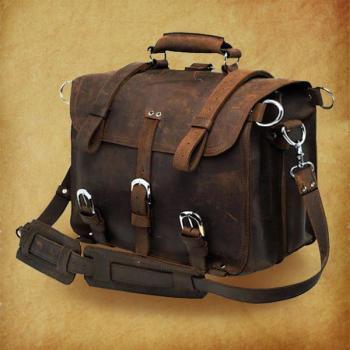High quality genuine crazy horse leather Bag/Rugged Leather Briefcase/Backpack/Messenger/Laptop/Men's Bag/Bag Large 16" in Dark Brown--Y001