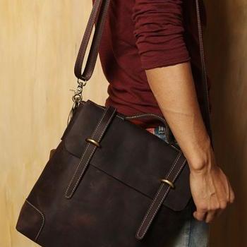 Rugged Genuine Leather Briefcase / Messenger Bag / crossbody bag / Leather Laptop / Men's Bag--T058